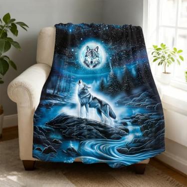 Imagem de Cobertor de lã de lobo azul 101,6 x 127 cm para sofá cama, cobertor de flanela de microfibra super macio e aconchegante leve para mulheres, homens e crianças