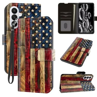 Imagem de ACWDMKH Capa para Samsung Galaxy S26 com compartimentos para cartões, alça de pulso e suporte, capa protetora magnética à prova de choque resistente, bandeira americana de madeira
