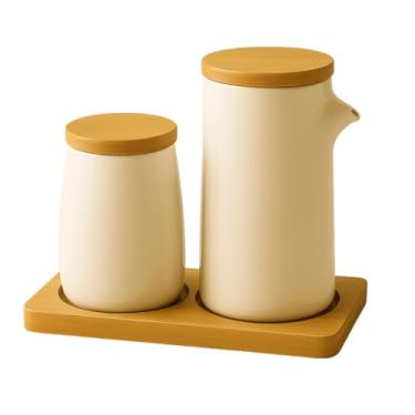 Imagem de Conjunto de Porta-Condimentos em Cerâmica com Base de Bambu, 2 Peças, Potes Creme 16,5cm e 11,5cm, Bandeja 20,5x9,3cm, Design Minimalista para Cozinha (BRANCO)