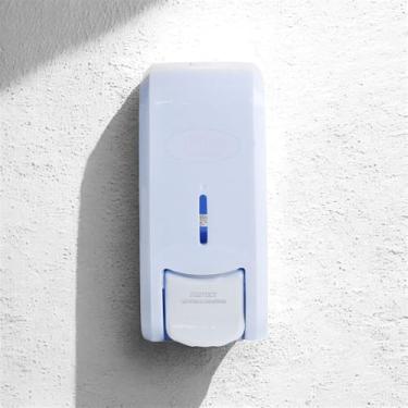 Imagem de Acqua Dispenser Manual para Sabonete Líquido e Álcool Gel, Plástico Retangular, 800ml, Branco com Detalhe Azul, Montagem em Parede