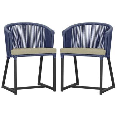 Imagem de 2 Cadeiras De Jantar Noronha Preta Corda Náutica E7 Trama Azul