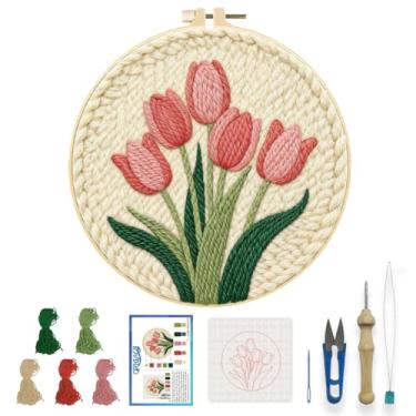 Imagem de ORIGACH Kit de agulhas de punção de bordado para adultos, iniciantes, kit de costura de tulipa DIY para artesanato artístico e decoração de casa, projeto de perfuração de agulha fácil com aro de 20 cm