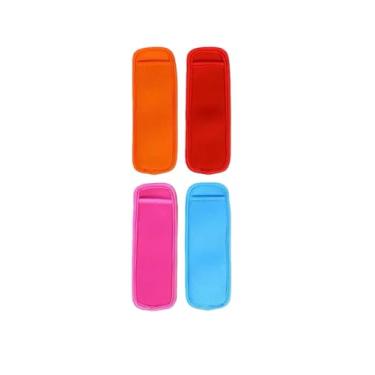 Imagem de 4 sacos coloridos aleatórios para picolé, mangas reutilizáveis para picolé, suportes de gelo anticongelantes, capas protetoras laváveis e portáteis para congelador de gelo