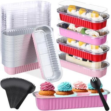 Imagem de Blushtier 540 peças de mini formas de pão com tampas e colheres 193 g formas retangulares de folha de alumínio para assar sobremesas (cor vermelha, estilo retangular)