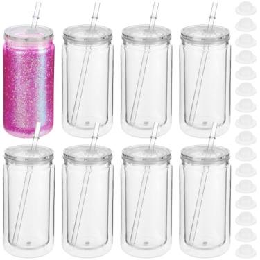 Imagem de OMISTAR 8 peças de copos de plástico de 473 ml com tampas e canudos, copo de parede dupla com orifícios pré-perfurados, copos de globo de neve a granel, copo de vidro reutilizável com plugues de