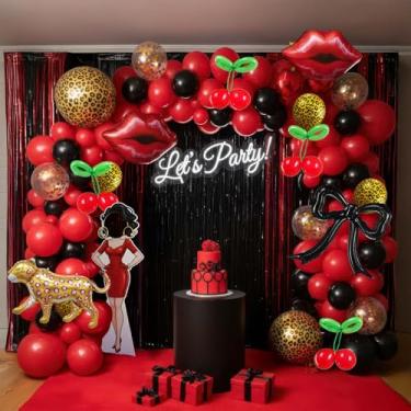 Imagem de Red and Black Balloons Arch Kit Cherry Birthday Decorations with Foil Cheetah Print cherry lips Cheetah Balloons for Baby Shower Bachelorette Party Decorations