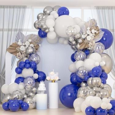 Imagem de Kit de arco de balões de prata azul branco 162 peças, guirlanda de prata metálica azul real com balão de confete para aniversário masculino, formatura, decoração de festa do dia dos pais
