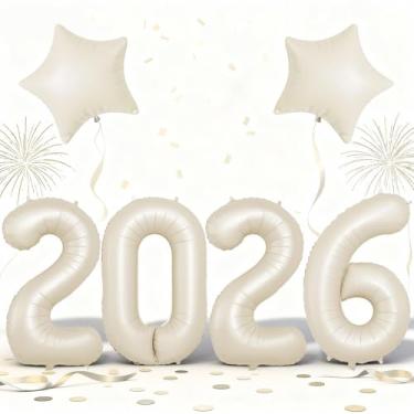 Imagem de Cream White 2026 Balloons, 40 Inch Large Number 2026 Foil Balloon with 18 Inch Star Foil Balloon, Giant 2026 Happy New Years Balloons for 2026 Happy New Year Eve Christmas Party Decorations Supplies