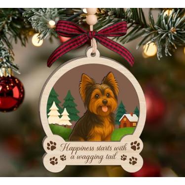 Imagem de Ornamento de Natal de madeira Yorkshire Terrier - Lembrança de cachorro de 3 camadas - Presente memorial de animal de estimação para amantes de cães - Decoração de Feliz Natal - Ornamento de madeira