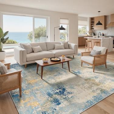 Imagem de Tapetes de área de 20 x 25 cm, lavável, azul, para sala de estar, quarto, abstrato, moderno, grande, antiderrapante, repelente de água, tapete macio para sala de jantar, azul marfim