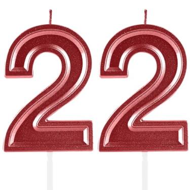 Imagem de Velas de aniversário de 22 anos, numerais vermelhos, 22 topper de bolo, decoração para meninas e meninos, tema de aniversário, festa de casamento, artigos de celebração