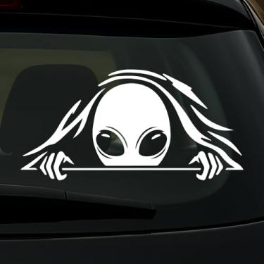 Imagem de Decalque de vinil Alien Peeking 17 x 17 cm – Adesivo engraçado para janela de carro extraterrestre, design branco de cabeça de alienígena espiando, vinil impermeável resistente a UV durável para