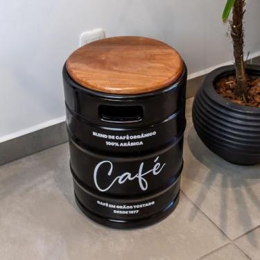 Imagem de Banco Barril de Café Coffee Time – Polietileno + Assento de Madeira, 41cm, Decoração Temática para Cantinho do Café