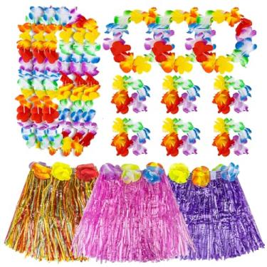 Imagem de RAINFLOW Saias de grama havaiana 60 cm, saia havaiana de grama hula com flor, conjunto de fantasia para dança, aniversário, decorações tropicais, lembrancinhas, multicoloridas, 3 conjuntos