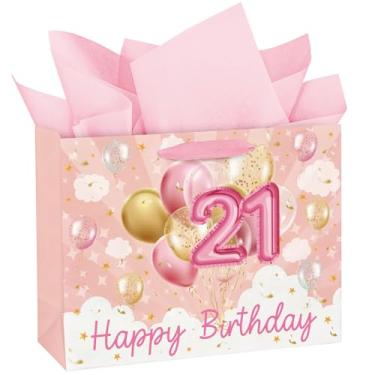 Imagem de WRAPAHOLIC Sacos de presente de aniversário de 21 anos de 33 cm com papel de seda - 21 anos - Sacos de papel balão ouro rosa para meninas e mulheres festa de aniversário