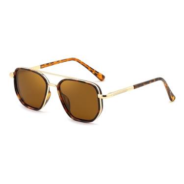 Imagem de FEISEDY Óculos de sol aviador polarizados para homens, armação de metal retrô quadrada com proteção UV 400, lentes TAC B0329, Tartaruga dourada/marrom, 56mm