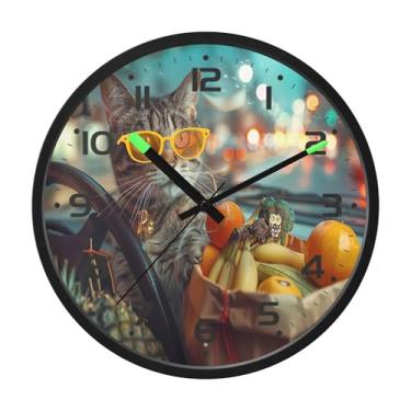 Imagem de SEHANY Relógio de parede engraçado para dirigir gato, silencioso, sem tique-taque, operado por bateria, controle de som, luz noturna, relógios de parede para sala de estar, cozinha, quarto, escritório