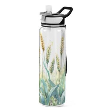 Imagem de Blueangle Garrafa de água para esportes de campo de trigo aquarela 947 ml com tampa de canudo - Garrafas de água reutilizáveis Tritan sem BPA para academia, caminhadas e atividades ao ar livre (66)