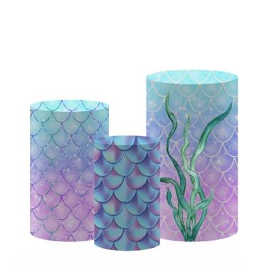 Imagem de AOSTO Capas de tecido de pedestal cilíndrico com tema sereia, conjunto de 3, padrão de grama aquática e escama de peixe, toalha de mesa de elastano elástico para eventos de festa (TZ063, conjunto