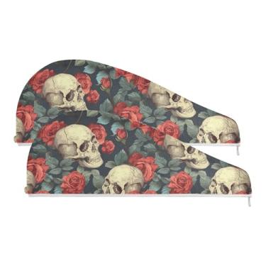 Imagem de SEHANY Toalha de cabelo de microfibra rosa e caveira para mulheres, 2 peças, turbantes de cabelo de secagem rápida com botão, touca de cabelo seco absorvente toalha de secagem de cabelo para cabelos