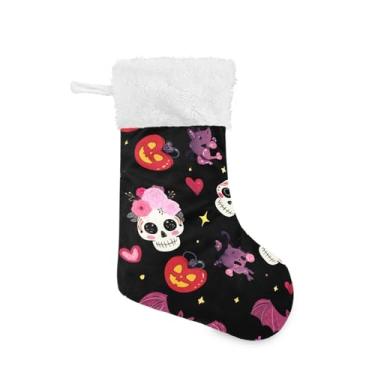 Imagem de GakkiGii Linda meia de Natal grande com caveiras e abóboras, decoração de Natal para pendurar na parede da árvore da lareira, 45 x 31 cm