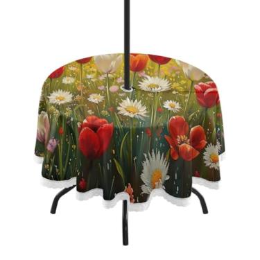 Imagem de ATTX Toalha de mesa redonda com pintura de flores coloridas ao ar livre – 152 cm, impermeável, à prova de derramamento, uso interno/externo, com orifício para guarda-chuva com zíper para acampamento