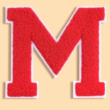 Imagem de QianSiLi Remendos de letras universitárias de chenille vermelho de 11 cm, letras grandes para jaquetas Letterman, moletons com capuz, mochilas, coletes, roupas, adesivos individuais da letra M