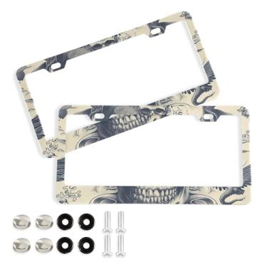 Imagem de SEHANY Molduras de placa de carro vintage rosa crânio, capas de alumínio à prova de ferrugem com furos elípticos e parafusos serve para veículos padrão dos EUA tamanho acessórios de carro para
