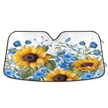 Imagem de ATTX Sunflowers Bluebells Para-brisa de carro 139.7 cm x 70.1 cm Escudo solar universal com proteção UV, persiana de janela frontal automática dobrável para caminhões Sedans SUVs #47