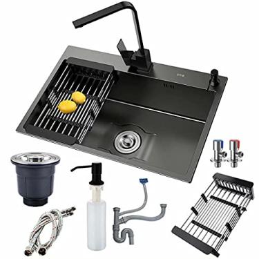 Imagem de HGTRH Pia de cozinha Embutida, Pia Embutida Cozinha Aço Inoxidável Pia Cozinha Com Torneira Dispensador de Sabão Conjunto de Sifão Sobresso e Drenagem Para Montagem na Superfície