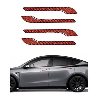 Imagem de Capa de maçaneta de porta, conjunto protetor de maçaneta de porta de fibra de carbono fosco real compatível com Tesla Model y Model 3 2017-2025 (4 peças) (fibra de carbono realmente brilhante-VERMELHO