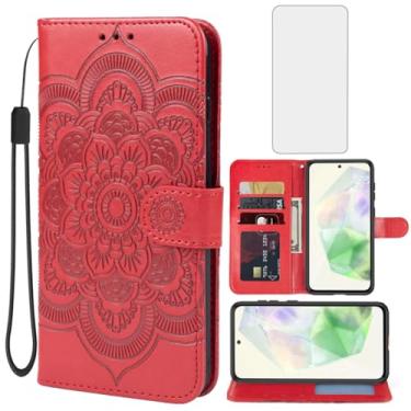 Imagem de Bohefo Capa para Galaxy A56 5G Capa/Galaxy M56 Capa carteira com protetor de tela de vidro temperado, suporte para cartão de crédito Mandala de couro para Samsung Galaxy A56 5G Vermelho