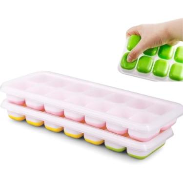 Imagem de Kit 2 Formas Premium de Gelo com Tampa Silicone Flexível Multiuso Papinha Bebê Drinks Whisky Frutas Molhos Antiodor Livre BPA Freezer Desenforma Fácil Cozinha Organizada Reutilizável Durável