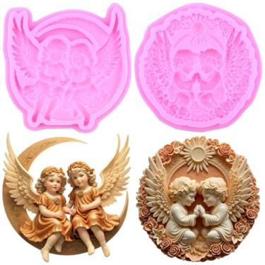 Imagem de MIYAHOUSE Angel Frame Fondant Moldes de silicone para decoração de bolos, topo de cupcake, pasta de goma de chocolate, argila de polímero, conjunto de 2