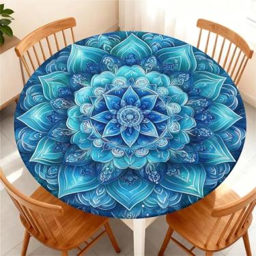 Imagem de Yesad Toalha de mesa redonda com borda elástica para mesa redonda de até 134 a 152 cm, capa de mesa impermeável para acampamento, interior, exterior, férias, verão, mandala