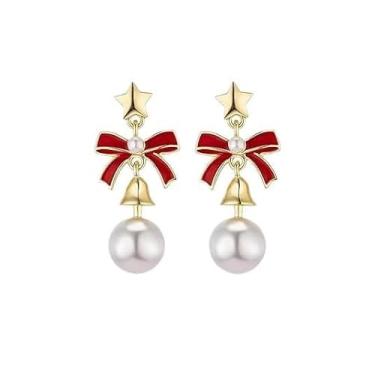 Imagem de Brincos femininos com laço vermelho festivo com pingente de sino de Natal, banhado a ouro, imitação de pérola, fita, laço pendente, brincos modernos de Natal, joias, meias, presente