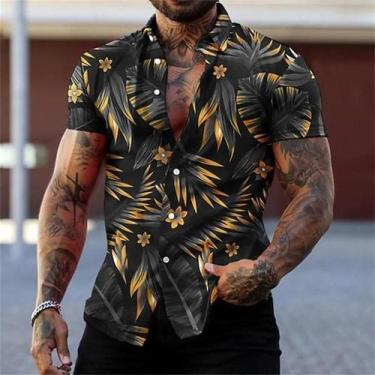 Imagem de Camisa Masculina Estilo Havaiano Com Estampa De Flores Pretas E Dourad