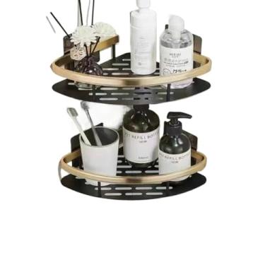 Imagem de Prateleiras Para Casa De Banho Sem Furos, AlumíNio, Suportes Para Casa De Banho E AcessóRios Para Casa De Banho(KIT 2-Preto ouro Triângulo)