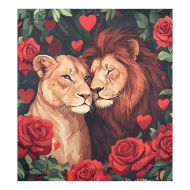 Imagem de Qilmy Capa de ímã de lava-louças leão e rosa 58 x 66 cm capas decorativas de geladeira para porta frontal adesivo de folha magnética para máquina de lavar louça painel de geladeira decalque para