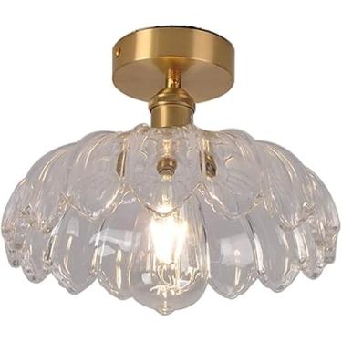 Imagem de Luminária de teto moderna em latão com cúpula de vidro verde em formato de flor e detalhes dourados, ideal para quarto, sala de estar, sala de jantar e corredor (transparente).