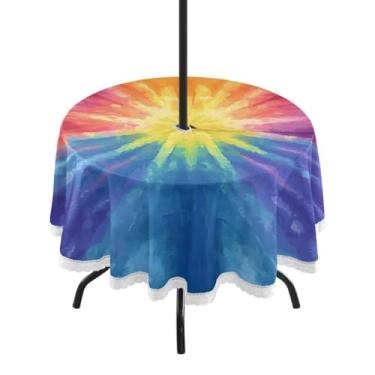 Imagem de CEBUGI Toalha de mesa redonda para uso externo, colorida, tingida, impermeável, com furo Umberlla, capa de mesa lavável para pátio, cozinha, sala de jantar, 152 cm