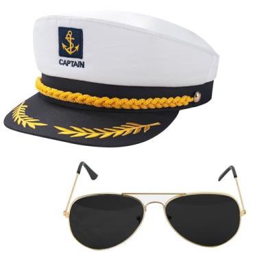 Imagem de Chapéu de capitão iate e óculos de sol chapéu de marinheiro adulto para homens e mulheres festa ajustável barco acessórios de fantasia de Halloween cosplay branco