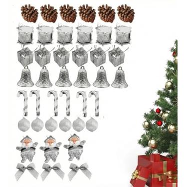 Imagem de Kit 42 Enfeites de Natal MINI para Árvore Pequena, Decoração Completa, Bolinhas, Tambor, Papai Noel, Presentes (Prata)