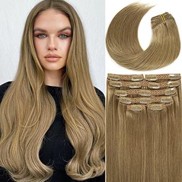 Imagem de Lacer Extensões de cabelo humano real com clipe de cabelo humano 45,72 cm de comprimento, liso, natural, cor nº 8, castanho claro, trama dupla, clipe de renda invisível em extensões espessas, 7 peças, 120 gramas