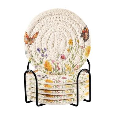 Imagem de SEHANY Elegante conjunto de 6 porta-copos de flores de borboleta com suporte, porta-copos redondos absorventes de algodão resistente ao calor para mesa de jantar, canecas de café, 10 cm