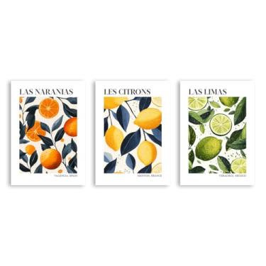 Imagem de Pôster colorido de limão cítrico e laranja impressão mercado de frutas vintage arte de parede decoração de cozinha pintura em tela para sala de jantar e quarto (SKU8-3PCS, 11 x 14 polegadas = (28 x 35