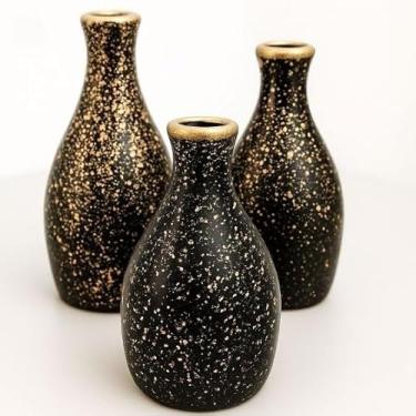 Imagem de Kit Trio 3 Vasos Cerâmica Decorativo Enfeite Decoração Elegante Casa Rack Conjunto Decorado Loja Estante Sala Cozinha(PRETO C/RESPINGOS DOURADO)