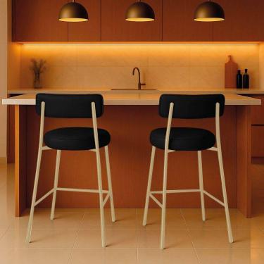 Imagem de Banqueta Cozinha Média Com Encosto Industrial Champanhe Kit 2 Londres Pu Preto D03 - D`rossi