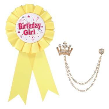 Imagem de PATIKIL Broche de botão de mulher de aniversário, alfinetes de crachá de fita de prêmio de tecido de cetim e broche de corrente pendurada em coroa para decoração de festa de aniversário, One Size