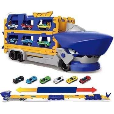 Imagem de BE PLACE KIDS Caminhão Tubarão Cegonha, Pista de 1,65m com 6 Carrinhos de Metal